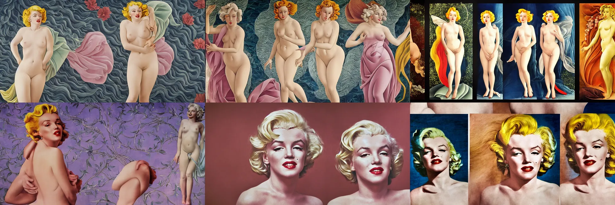 Prompt: Color photography of Marilyn Monroe walking in the style of the Birth of Venus by Sandro Botticelli. Marilyn Monroe is at the center of an elaborate Broadway set. 55mm nikon. Intricate. Very detailed 8k texture. Sharp. Cinematic post-processing. Award winning portrait photography. Sharp eyes.