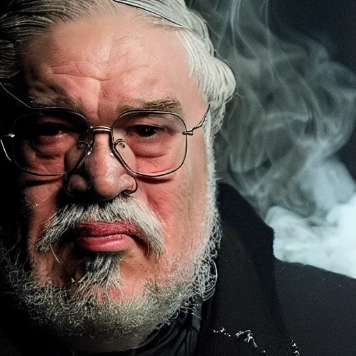 Prompt: george r r martin is inhaling smoke from cersei lannisters mouth, it is like a soul is leaving her mouth into his mouth, dramatic lighting, close up
