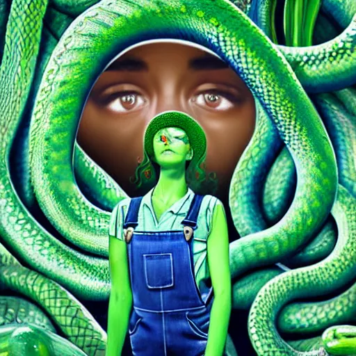 Prompt: 3 d, close - up, fashion model in a blue factory worker's overalls face looking down at the floor eyes sad tentacles instead of hands, green snakes background, soft light, smooth face feature, intricate oil painting, high detail illustration, sharp high detail, poster art, paper texture