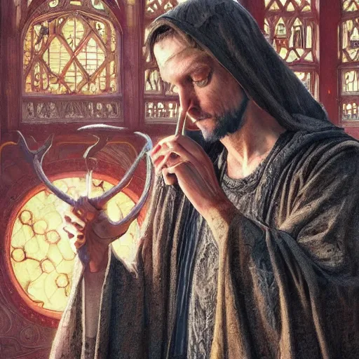 Image similar to highly detailed picture of a man with holes in his robes, religious man wearing clothes with huge rips, destroyed clothes, medieval background, mystic, d & d, fantasy, intricate, elegant, highly detailed, digital painting, artstation, concept art, smooth, sharp focus, illustration, art by artgerm and greg rutkowski and alphonse mucha