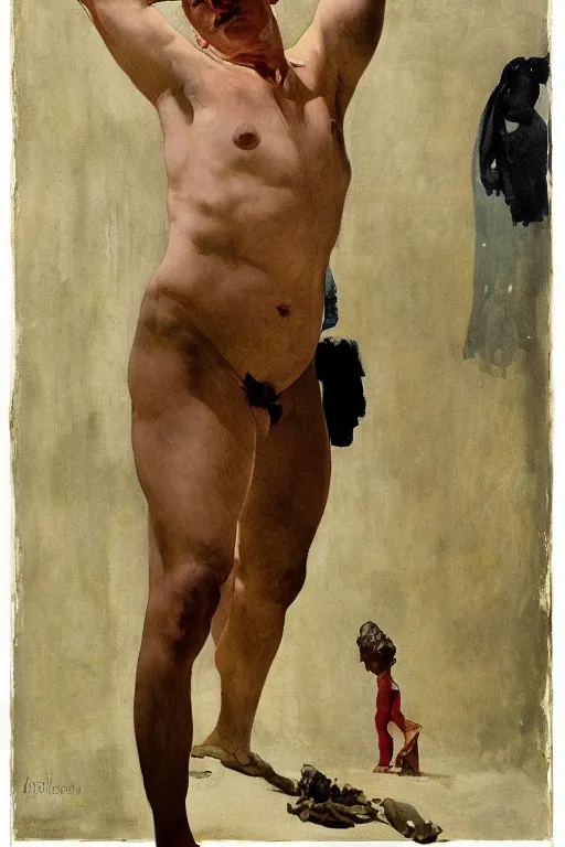 Image similar to body portrait of al parker, colour painting by norman rockwell, guidi prime background by carl spitzweg