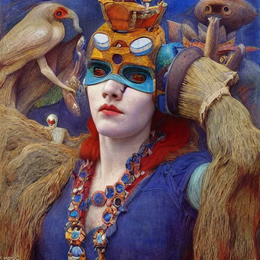 Image similar to the robot queen with her bird mask, by annie swynnerton and diego rivera and elihu vedder, symbolist, dramatic lighting, elaborate geometric ornament, art brut, soft cool colors, smooth, sharp focus, extremely detailed, adolf wolfli and donato giancola