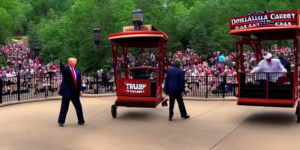 Image similar to Donald trump falls off of a trolly and cries, caught in 4K, taken in Silver Dollar City