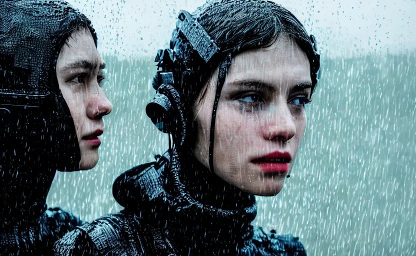 Image similar to cinestill 5 0 d candid photographic portrait by christopher nolan of two loving female androids wearing rugged black mesh techwear in treacherous waters, extreme closeup, modern cyberpunk moody emotional cinematic, pouring rain, 8 k, hd, high resolution, 3 5 mm, f / 3 2, ultra realistic faces, ex machina