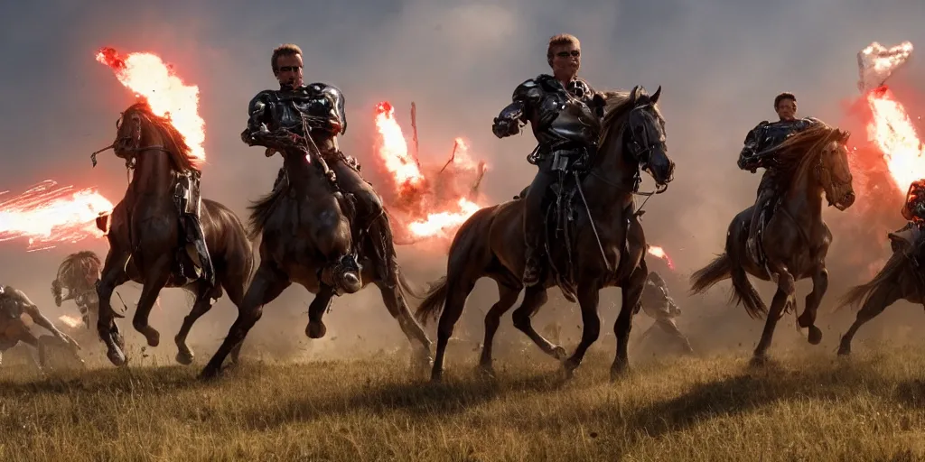 Image similar to a promotional movie still from terminator ( t 2 ) depicting the battle of the little bighorn. majestic horses, action scene, an epic fantasy, dramatic lighting, cinematic, extremely high detail, photorealistic, cinematic lighting, artgem, trending on artstation, cgsociety, rendered in unreal engine, 4 k, hq, digital art