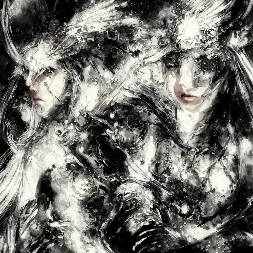 Image similar to Yoshitaka Amano blurred and dreamy illustration of an anime girl with pirate eye patch, wavy white hair and cracks on her face wearing Elden ring armour with the cape fluttering in the wind, abstract black and white patterns on the background, noisy film grain effect, highly detailed, Renaissance oil painting, weird portrait angle