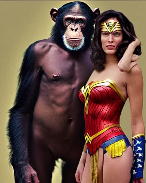 Image similar to a Chimpanzee dressed as Wonder Woman stands next to Clint Eastwood photographed in the style of Annie Leibovitz, photorealistic