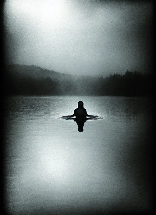 Image similar to “semitranslucent smiling frog vertically hovering over misty lake waters in jesus christ pose, low angle, long cinematic shot by Andrei Tarkovsky, paranormal, eerie, mystical”