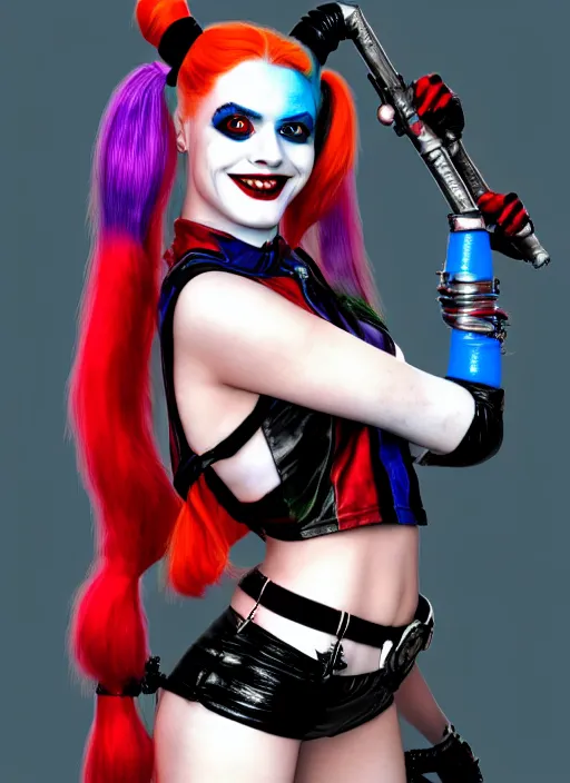 Image similar to photo of a gorgeous harley quinn in the style of derek riggs, realistic, sharp focus, 8 k high definition, insanely detailed, intricate