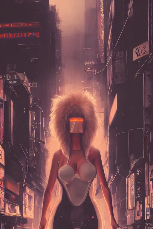 Prompt: gorgeous portrait of a tall beautiful white female anthro fox smoking a cigarette towering head and shoulders above the bustling crowd of a rainy city street around her, sci fi bodysuit, cyberpunk, harsh neon lights, highly detailed, sharp focus, digital painting, illustration, trending on artstation, art by sakimichan, wlop, greg rutkowski