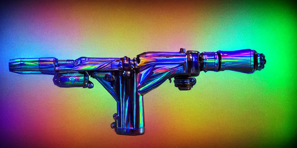 Prompt: unstable exotic matter powered sci - fi ray - gun concept, well defined mechanical features, triadic chrome shading, iridescent pastel liquid energy tank, dark background, softglow, sharp focus, full device, vintage style, charcoal and champagne