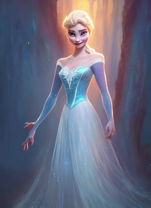 Prompt: elsa, disney frozen, digital art by artgerm and greg rutkowski, gaston bussiere, sakimi chan and android jones and karol bak, cinematic lighting, trending on artstation, volumetric dust, intricate, elegant