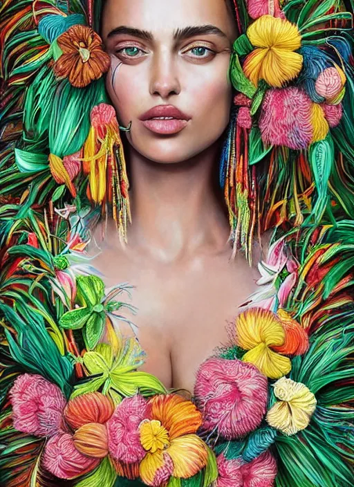 Prompt: beautiful portrait of Irina Shayk wearing fantastic Hand-dyed cotton dress, embellished beaded feather decorative fringe knots ,colorful pigtail,subtropical flowers and plants,symmetrical face,intricate,elegant, highly detailed, 8k,post-processing,digital painting, trending on pinterest, GUCCI,PRADA,concept art, sharp focus, illustration, by artgerm,Tom Bagshaw,Lawrence Alma-Tadema,greg rutkowski,alphonse Mucha