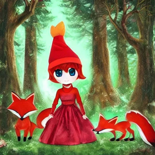 Prompt: magical forest with redcap chibi girl and a fox family