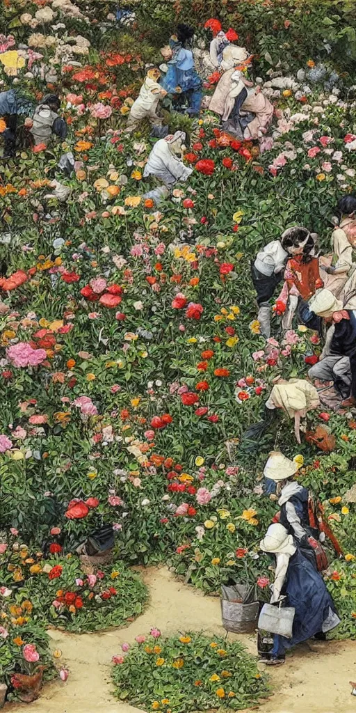 Image similar to oil painting scene from gardeners crowd in the flower garden by kim jung gi
