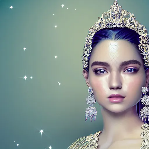 Image similar to portrait of pretty princess with perfect skin, glowing, ornate and intricate diamond jewelry, jaw dropping beauty, ornate and intricate backdrop, white accent lighting, hyper detailed, 4 k octane render