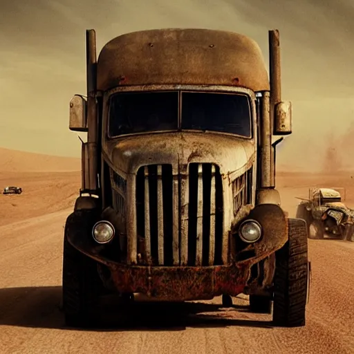 Prompt: old wetplate daguerreotype portrait tractor trailer truck in mad max : fury road ( 2 0 1 5 ), midday light, dust storm