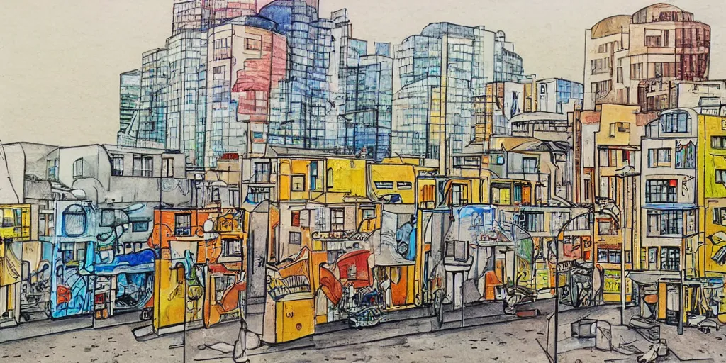 Image similar to street artists. painting of rounded bauhaus buildings in a junction in tel aviv. highly detailed. pen drawing painted with watercolors. colorful