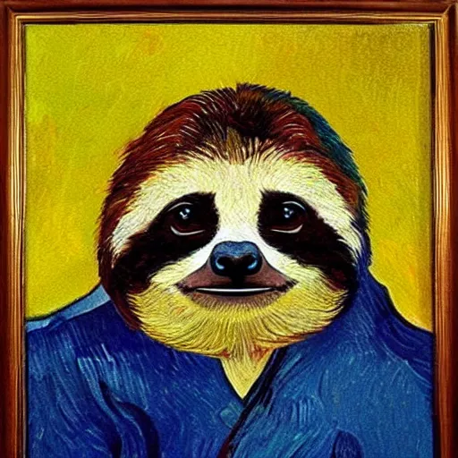 Image similar to a beautiful oil painting of a sloth's face in the style of van Gogh