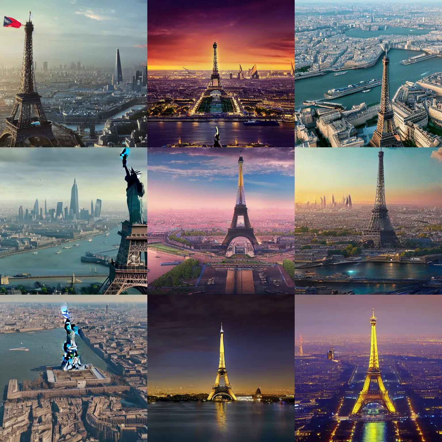 Prompt: Eiffel Tower at left, and Statue of Liberty at right, and London at background, highly detailed, 8k, devastatingly beautiful atmosphere, elegant cinematic fantasy art, overwhelming depth and detail, magic, vibrant colors, intricate masterpiece