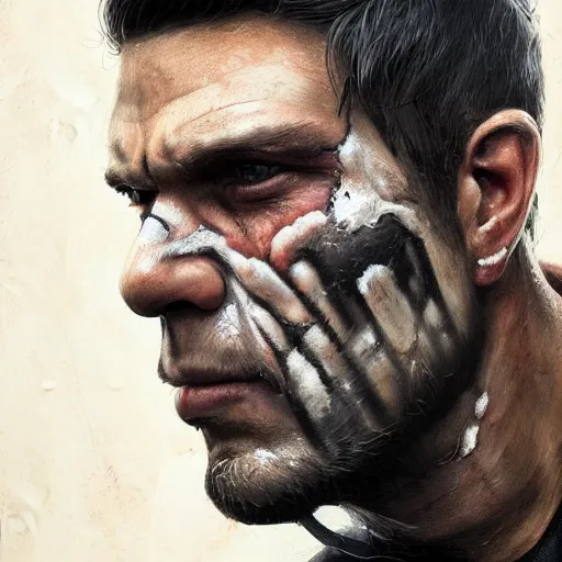 Image similar to portrait of remorseful frank castle the punisher, bruised, face paint, intricate, elegant, highly detailed, centered, grungy, digital painting, artstation, concept art, smooth, sharp focus, illustration, artgerm, artstation, boris vallejo