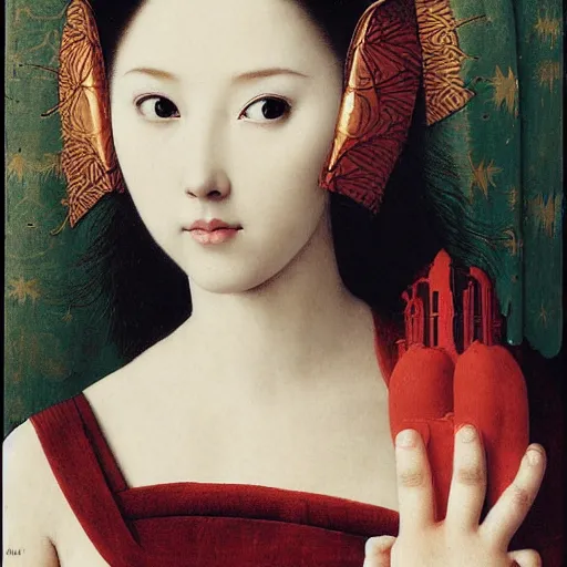 Prompt: very young scarlet johansson in japanese costume, masked, in painting by jan van eyck, tom bagshaw, jean delville, william bouguereau, albrecht durer, symbolist painting, mysterious mood