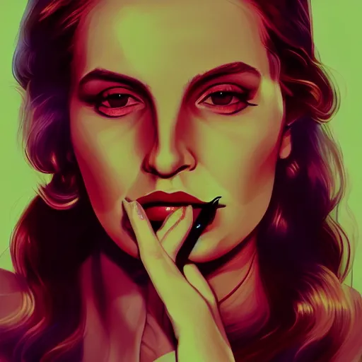 Prompt: psychedelic portrait of lana del rey smoking, diffuse lighting, fantasy, intricate, elegant, highly detailed, lifelike, photorealistic, digital painting, artstation, illustration, concept art, smooth, sharp focus