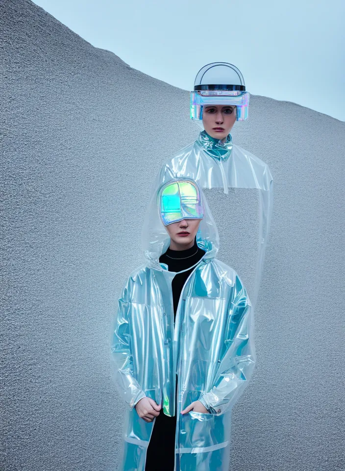 Image similar to an ultra high definition professional studio quality photograph of an artificially intelligent android influencer with silver skin wearing a transparent iridescent pastel coloured visor and matching wavey raincoat on white hook in a sheer icelandic black rock environment. three point light. dramatic lighting. volumetric shadows. light rays