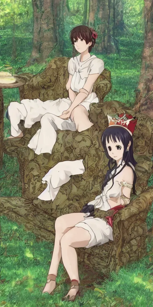 Prompt: a queen of love sitting by herself on a sofa in a forest, drawn by CloverWorks,