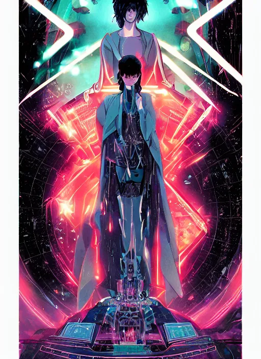 Prompt: white arc - witch with mystic robotic, blade runner, akira, ghost in the shell, elden ring, style of laurie greasley and satoshi kon + symmetric lights and smoke, psychedelic effects, glowing particles, neon rain, glowing runes, de - noise, symmetrical composition, high detailed + tarot card, ornate border, 8 k