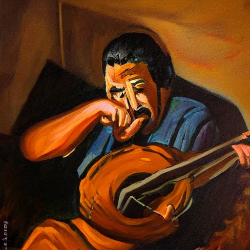 Image similar to oil painting of a greek rebetiko musician crying in the dark corner of a dirty room, light and shadow, paint knife, stylised