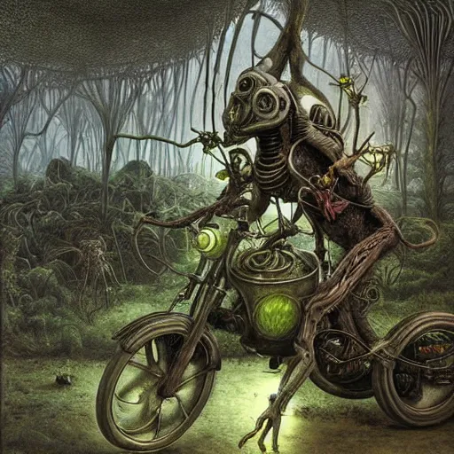 Image similar to a hyperrealistic painting of a futuristic motorcycle in the middle of an alien jungle, bioluminescent plants, by john kenn mortensen and zdzislaw beksinski, highly detailed, vivid color,