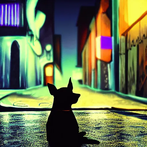 Image similar to stray dog sits alone in a dark alleyway at night with neon city lights glowing in the distance, 4 k, digital painting, photorealism, lighting study