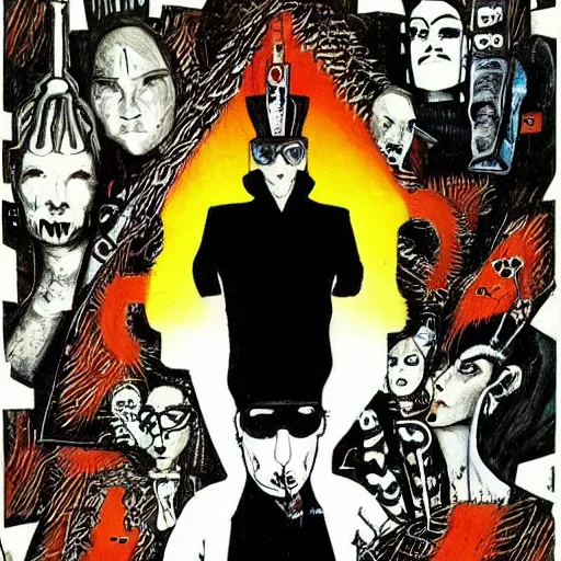 Image similar to post - punk cabaret album cover, black, white, orange, psychedelic, new age, magic, enki bilal