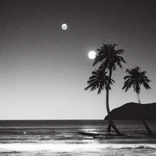 Image similar to a photo of a sea with a moon, two palm trees in front and a staircase. black and white. at night.