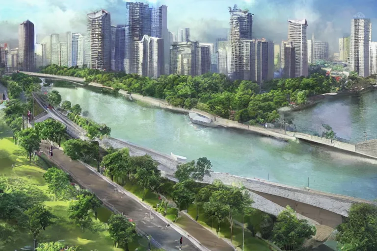 Image similar to linear park and esplanade along pasig river, view of the river and metro manila skyline, concept art, artstation