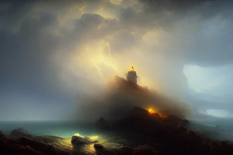 Prompt: tower in lightning storm at the top of a mountain, tornado, oil painting by Ivan Aivazovsky and Greg Rutkowski, artstation, fantasy, intricate, beautiful, cinematic, octane render, arnold render, 8k, hyper realism, detailed, sharp focus, 4k uhd, masterpiece, award winning