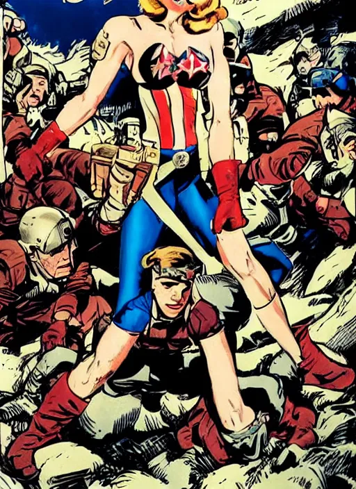 Prompt: beautiful female captain america standing on a pile of defeated, beaten and broken german soldiers. feminist captain america wins wwii. american wwii propaganda poster by james gurney. gorgeous face. overwatch. ralph bakshi and frank miller