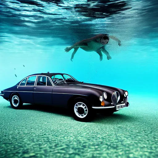 Image similar to hyperrealistic photo of an old jaguar car underwater in a swimming pool, 4 k, 8 k, thin film, full shot