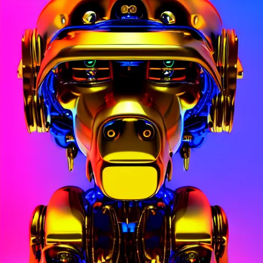 Prompt: portrait photo of a cute gold and blue glossy metallic futuristic steampunk robot ape with multicolored glowing gears and tubes and cables, crisp, fluorescent colors, insanely detailed, 3 d render, front shot