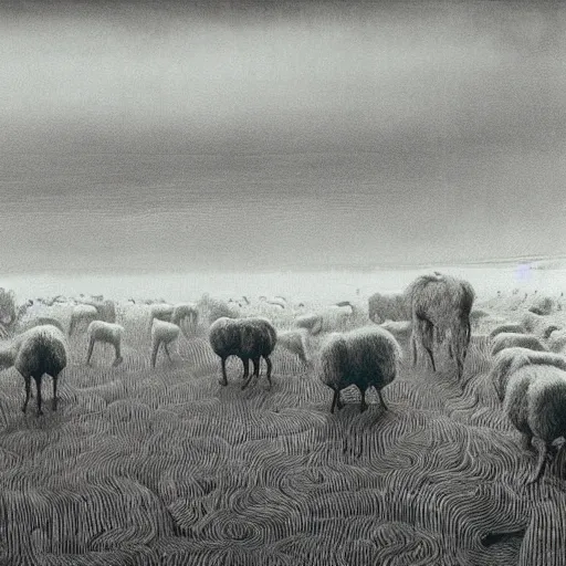 Image similar to dead sheeps in a farm nuclear winter by zdzisław beksinski