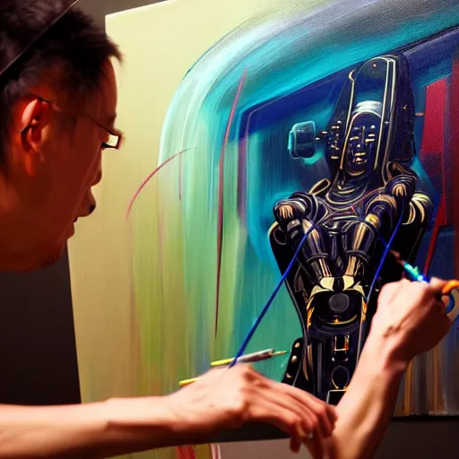 Image similar to photo of futuristic holy futuristic cyborg - robot - painter - artist creating a painting with acrylic paint and brushes in a futuristic artist studio by h. r giger, by, rich deep colors. masterpiece, intricate artwork by tooth wu and wlop and beeple, gaspar noe, james cameron,