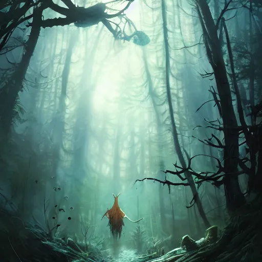 Image similar to highly detailed creepy forest humanoide creature, stephen bliss, unreal engine, fantasy art by greg rutkowski, loish, rhads, ferdinand knab, makoto shinkai and lois van baarle, ilya kuvshinov, rossdraws, tom bagshaw, global illumination, radiant light, detailed and intricate environment