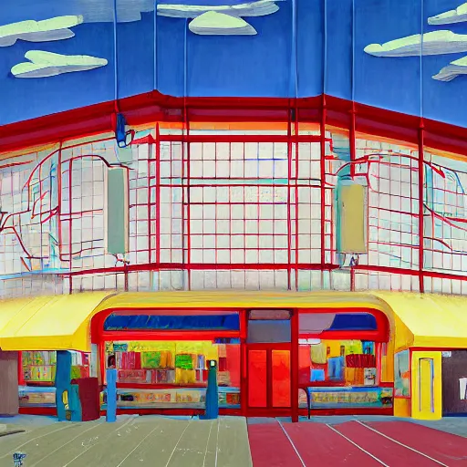 Prompt: red people with clouds at yellow blue art deco empty grocery store, open ceiling, highly detailed, painted by Francis Bacon and Edward Hopper, painted by James Gilleard, surrealism, airbrush, art by James Jean