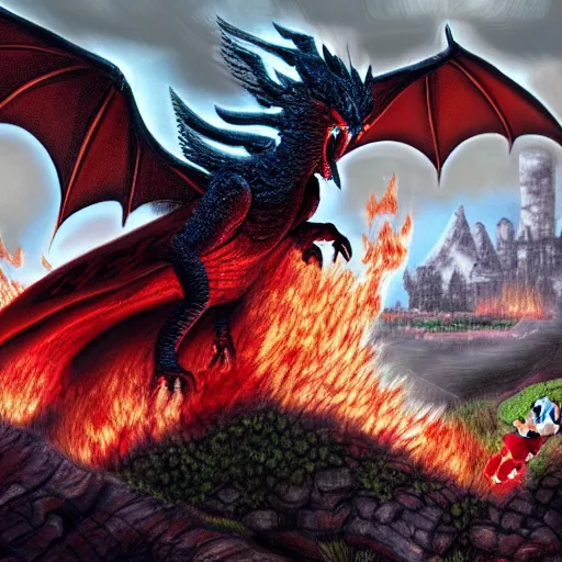 Image similar to Super Mario riding a flying black dragon roaring fire, high fantasy, hundreds of red and white spotted Mushrooms in background 4k, landscape, in the style of John Howe