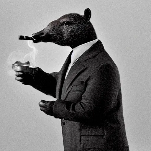 Image similar to a high detail photo of an antropomorphic capybara wearing a suit smoking a cigarrette, subject= duck, subject detail: wearing a suit, subject action: smoking a cigarrette photorealism