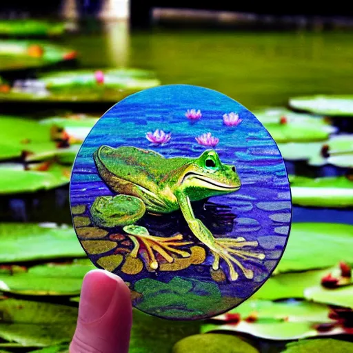 Image similar to sticker!!! with close - up of a smiling frog in the pond with water lilies, medieval castle on background, shallow depth of field, highly detailed, ominous, digital art, masterpiece, matte painting, sharp focus, matte painting, by isaac levitan, monet, asher brown durand,