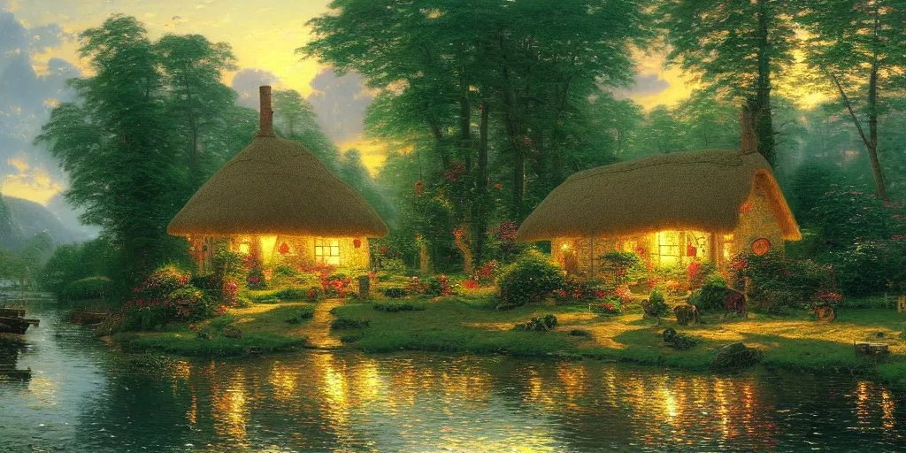 Prompt: a thatched cottage with lit windows by a lake in a lush green forest golden hour highly detailed painting by thomas kinkade and albrecht bierstadt