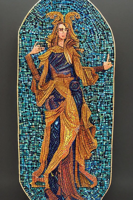 Image similar to Byzantine cyberpunk goddess, symmetrical, mosaic, felt