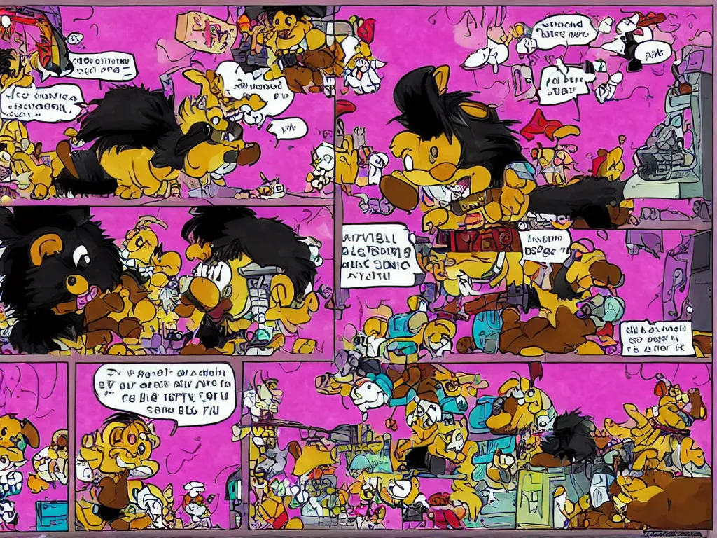 Prompt: a 4-frame comic strip of a smiling black and caramel Yorkshire Terrier, fighting with a pink rubber monkey in a cyberpunk, post apocalyptic Tokyo, D&D, fantasy, highly detailed, digital painting, artstation, concept art, smooth, sharp focus, illustration, art by Carl Barks